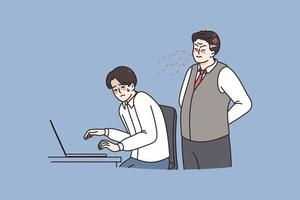 Controlling at work and fear concept. Angry boss standing and controlling looking at laptop of afraid worker during job day vector illustration