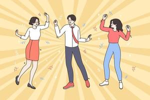 Corporate party and celebration concept. Group of young positive people colleagues dancing together feeling cheerful in office after work vector illustration