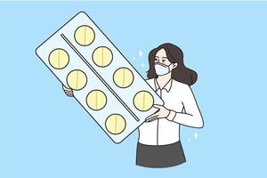 Young woman in facemask hold pills in hands protect from covid-19 pandemics. Sick ill female in facial mask with tablets medication against corona virus. Medicine, healthcare. Vector illustration.