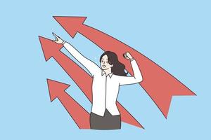 Excited young businesswoman show up arrow face in air celebrate business victory or win. Smiling woman employee good work results or promotion. Investment, success. Flat vector illustration.
