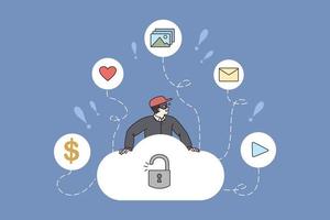 Hacker get information data from storage online cloud. Thief hacks unsafe internet server, receive user personal details. Cyber crime and phishing concept. Vector illustration, cartoon character.