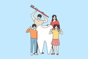 Happy young Caucasian family with children stand next to huge tooth encourage teeth hygiene and care. Smiling parents with kids recommend oral care. Dentist treatment. Flat vector illustration.