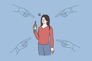 People point at drunk woman holding bottle in hand. Society blaming female with alcoholic addiction problem. Alcohol addict, bad unhealthy habit. Flat vector illustration, cartoon character.