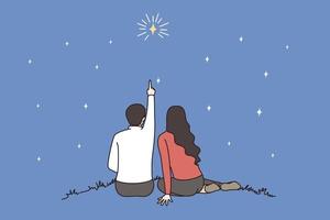 Back view of lover couple sit outdoor count stars on romantic evening together. Man and woman look in dark night sky, enjoy romance on date. Love and relationship concept. Vector illustration.