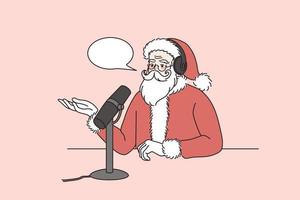 Santa Claus in red festive costume talk speak on radio on microphone with children audience. Father Christmas do online broadcast or live podcast with mic. New Year. Flat vector illustration.