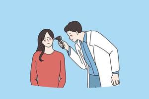 Otolaryngologist check woman patient ear with special equipment. Audiologist doctor examine check girl hearing in hospital or clinic. Medicine, healthcare concept. Flat vector illustration.