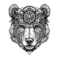 steampunk bear drawing depicts a mechanical bear with gears, pipes and rivets. Its intense gaze and imposing posture convey power and strength vector