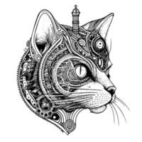 whimsical and intriguing cat with mechanical enhancements, combining feline grace with industrial style in a steampunk-inspired artwork vector