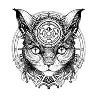 whimsical and intriguing cat with mechanical enhancements, combining feline grace with industrial style in a steampunk-inspired artwork vector