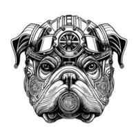 steampunk bulldog head is a unique blend of vintage and futuristic elements, featuring gears, pipes, and rivets that create a mechanical bulldog vector