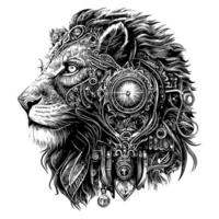 steampunk lion illustration depicts a fierce, mechanical beast with gears, pipes, and metal plates integrated into its regal mane and body vector