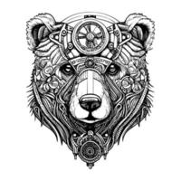 steampunk bear drawing depicts a mechanical bear with gears, pipes and rivets. Its intense gaze and imposing posture convey power and strength vector