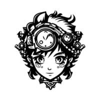 Steampunk niño logo representa un joven aventurero cubierta fuera en gafas de protección, engranajes, y otro aparato de relojería pertrechos, Listo a explorar un vapor accionado mundo vector