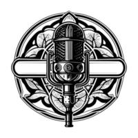 bold and professional microphone podcast logo design, capturing the essence of podcasting with clear sound quality and engaging content vector