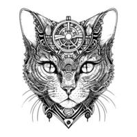 whimsical and intriguing cat with mechanical enhancements, combining feline grace with industrial style in a steampunk-inspired artwork vector