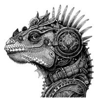 Steampunk iguana logo caracteristicas un estilizado, mecánico iguana con vapor accionado elementos, transporte un mezcla de naturaleza y tecnología vector