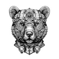 steampunk bear drawing depicts a mechanical bear with gears, pipes and rivets. Its intense gaze and imposing posture convey power and strength vector