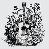 guitarra con floral ornamento es un hermosa y único instrumento. eso caracteristicas intrincado diseños de flores y vides, agregando un toque de elegancia y naturaleza a el clásico guitarra forma vector