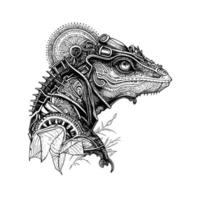 Steampunk iguana logo caracteristicas un estilizado, mecánico iguana con vapor accionado elementos, transporte un mezcla de naturaleza y tecnología vector