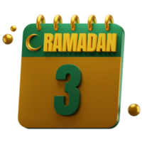 3d dia do Ramadã mês. islâmico calendário ilustração. hijri data. verde e ouro cor. png