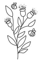 Vector black and white flowers with bees. Funny outline illustration or coloring page with bumblebees pollinating plants. Honey insects with greenery line icon.