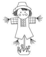 Vector black and white scarecrow isolated on white background. Outline spring garden bugaboo illustration. Gardening equipment line icon. Farm scary puppet on pole coloring page