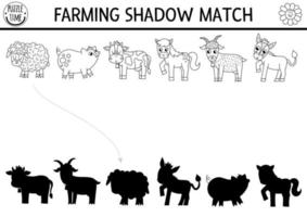 Black and white farm shadow matching activity with animals. Country village line puzzle with cute cow, pig, sheep, horse. Find correct silhouette printable coloring game. On the farm page for kids vector