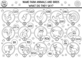 Black and white board game for children with farm animals, birds and their sounds. Countryside line boardgame.  Rural country activity or coloring page. Name the animals, say moo, baa, oink vector