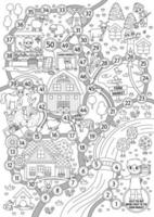 Farm black and white dice board game for children with village map. Outline countryside landscape boardgame.  Rural country coloring page for kids. Help the farmer bring fruit to the farm market vector