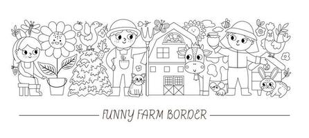 Vector black and white horizontal border with cute farmers and animals. Rural outline country card template design with farm characters. Border or coloring page with cow, barn, hen