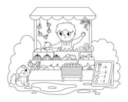 Vector black and white farmer selling fruit and vegetables in a street stall icon. Cute outline farm market scene. Rural country vendor. Funny farm cartoon salesman illustration or coloring page
