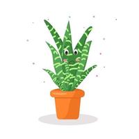 Funny vector illustration. Illustration with green kawaii cactus pot. Symbol face.