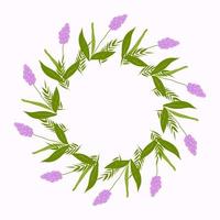 Round frame of spring flowers and twigs. Vector flat illustration. Wedding card decoration. Greeting card. Muscari. White background.