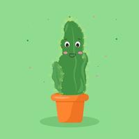 Kawaii cactus pot in cartoon style on green background. cheerful. Cartoon vector illustration. Smile face.