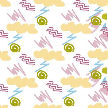 Pattern of abstract geometric shapes spring colors. Vector flat illustration. Seamless pattern. Packaging design. Clouds, waves, lightning, strokes, spirals.