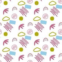 Pattern of abstract geometric shapes spring colors. Vector flat illustration. Seamless pattern. Packaging design. Strokes, rectangles, circles, rainbow.