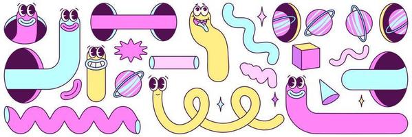 Funny psychedelic worms, characters. Abstract forms and portals. Trendy style of the 90s - 2000s. Y2k nostalgia. Vector illustration