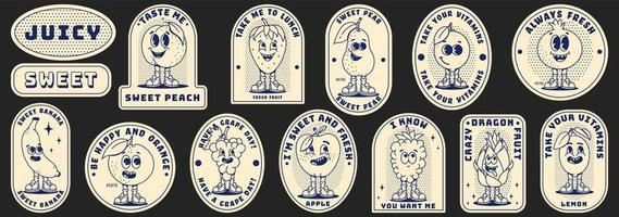Retro labels with trendy groovy fruits. Modern patches with retro cartoon characters. Healthy food, comical phrases. Nostalgia for vintage aesthetics and 80s-90s-2000s. Monochrome palette. vector