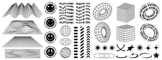 Rave psychedelic retro futuristic set in Y2K-00s style. Surreal geometric shapes, abstract backgrounds and patterns, wireframe, cyberpunk elements and perspective grids. Vector elements and sticker.