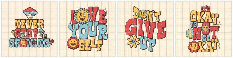 Groovy posters, postcards, retro print with hippie elements. Motivation lettering. 60s, 70s, 80s trendy style. vector