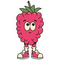 Retro cartoon fruit raspberries character. Modern illustration with cute comics characters. Hand drawn doodles of comic character. Trendy cartoon style. 70s-80s retro vibes. vector