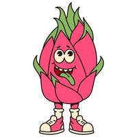 Retro cartoon fruit pitaya character. Modern illustration with cute comics characters. Hand drawn doodles of comic character. Trendy cartoon style. 70s-80s retro vibes. vector