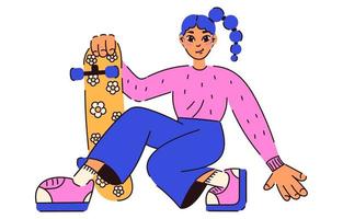 Skateboard girl character. Retro girl with blue hair on skateboard for your design. Trendy 90s style. Nostalgia for 90s - 2000s. Vector isolated. Flat style.