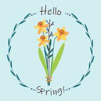 Bouquet with daffodils, branches and text hello spring. Square template with flowers, leaves. vector