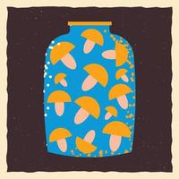 Jar with mushrooms closed in a jar. Square template in grunge style. vector