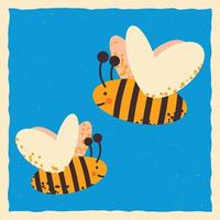 Lovely bees, character. Square template in grunge style. Vector illustration.