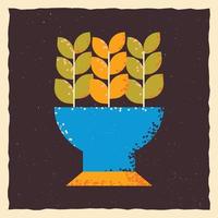 Flowerpot with plants, leaves. Square template in grunge style. Vector illustration