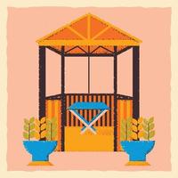 Wooden gazebo with a table and flowerpots, flower beds. Square template in grunge style. vector