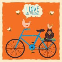 Cat, bird, chicken, sit on a bicycle, with bees and the text I love my village. Square template in grunge style. vector