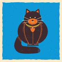 Fat cute cat. Square template with black cat, with textures, in grunge style. vector